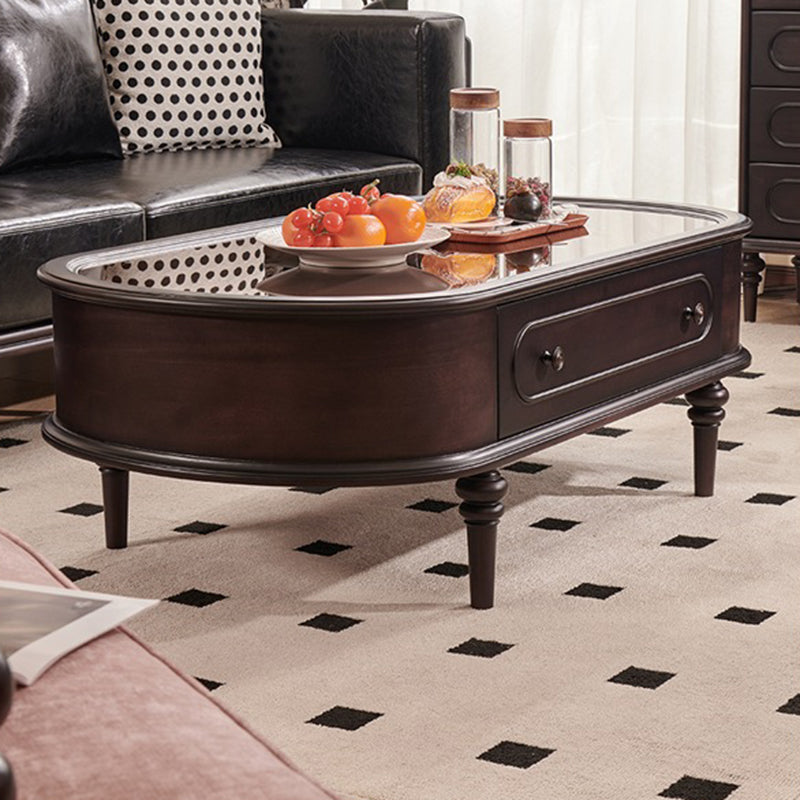 Traditional Vintage Oval Glass Solid Wood Coffee Table 2-Drawer 4-Leg For Living Room