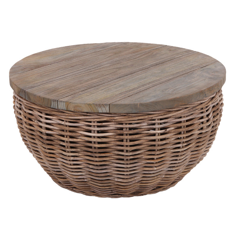 Traditional Vintage Round Rattan Coffee Table - Solid Wood: Hand-Woven, Rustic Charm, Durable Craftsmanship & Timeless Aesthetic For Living Room & Veranda