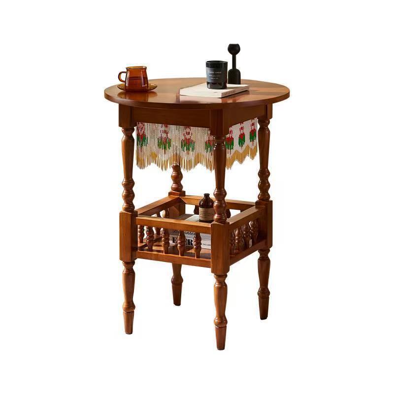 Traditional Vintage Round Solid Wood Multi-Layer Panel Solid Wood Side Table 2-Tier 4-Leg For Living Room