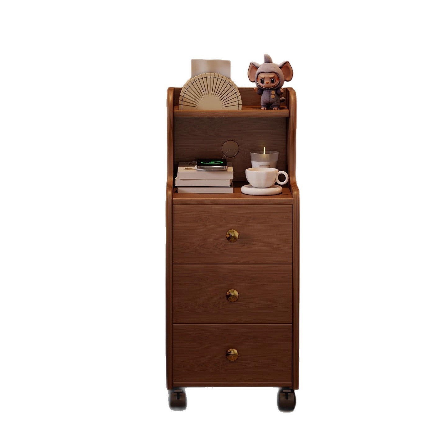 Traditional Vintage Rubberwood Rectangular Movable Nightstand With 3 Drawers Storage For Bedroom
