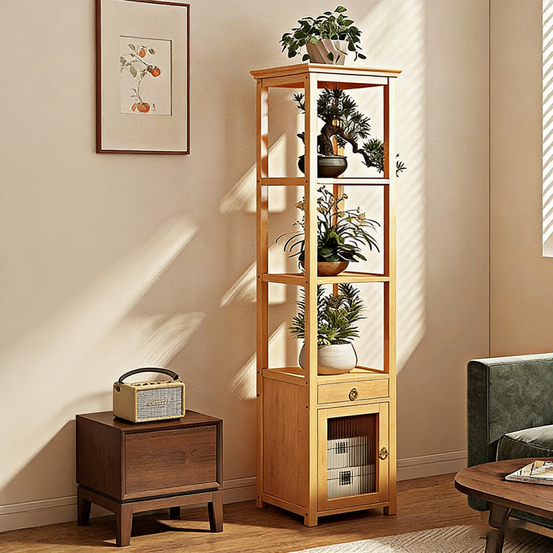 Traditional Chinese Nan Bamboo Fiberboard Acrylic Iron Square Display Rack 1/2/3/4-Tier Multiple Shelves For Living Room