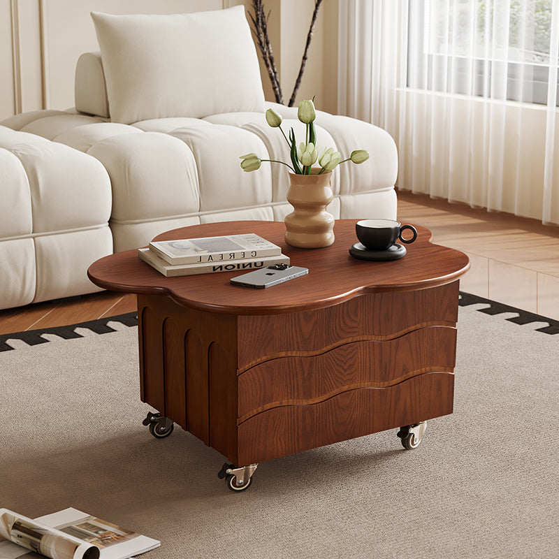 Traditional Vintage Floral-Shaped Ash Wood Plywood Acrylic Movable Coffee Table 1-Cabinet For Living Room
