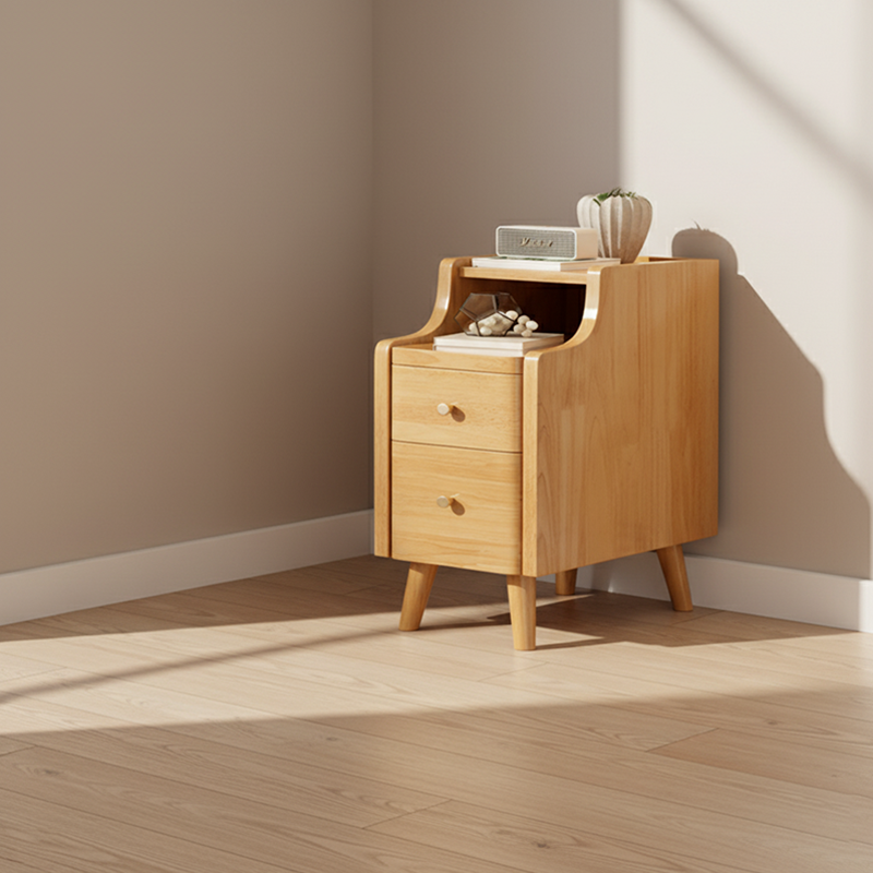 Contemporary Scandinavian Rectangular Rubberwood Space-Saving Nightstand 1-Tier 2-Drawer For Bedroom