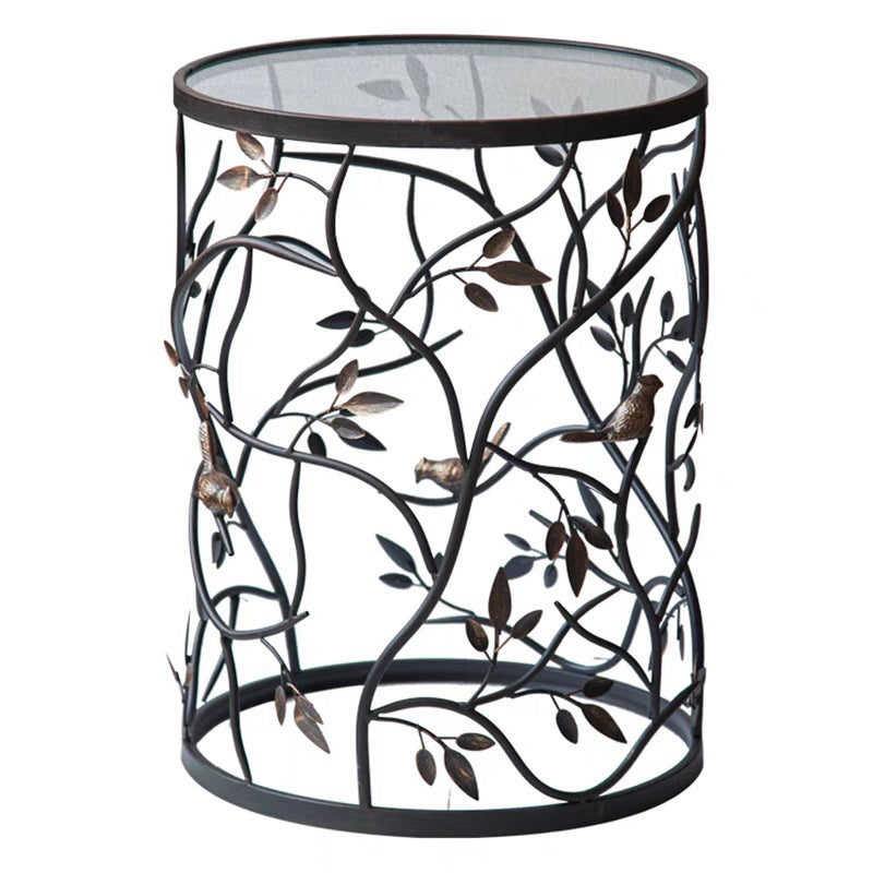 Traditional Vintage Cylindrical Leaf Design Openwork Wrought Iron Glass End Table For Living Room