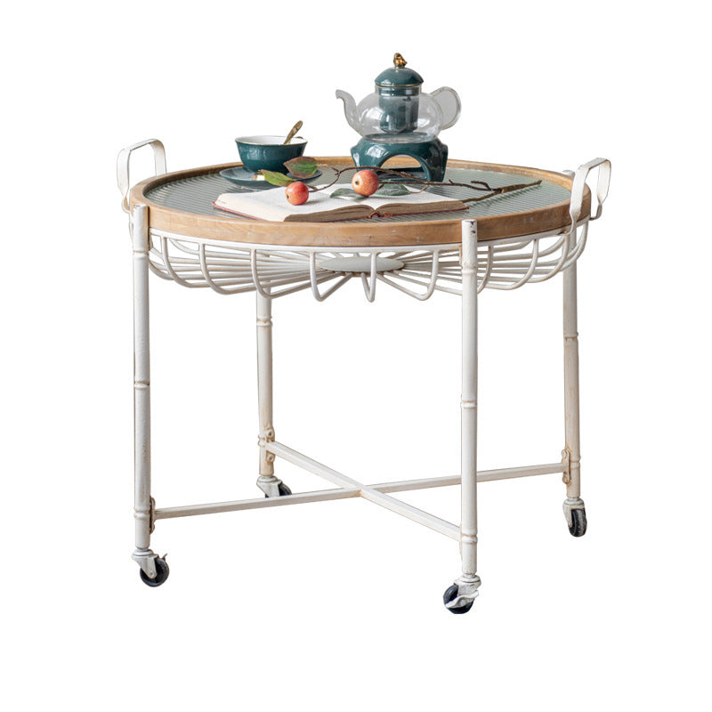 Traditional Vintage Round Solid Wood Iron Tempered Glass End Table Movable 4-Leg For Living Room