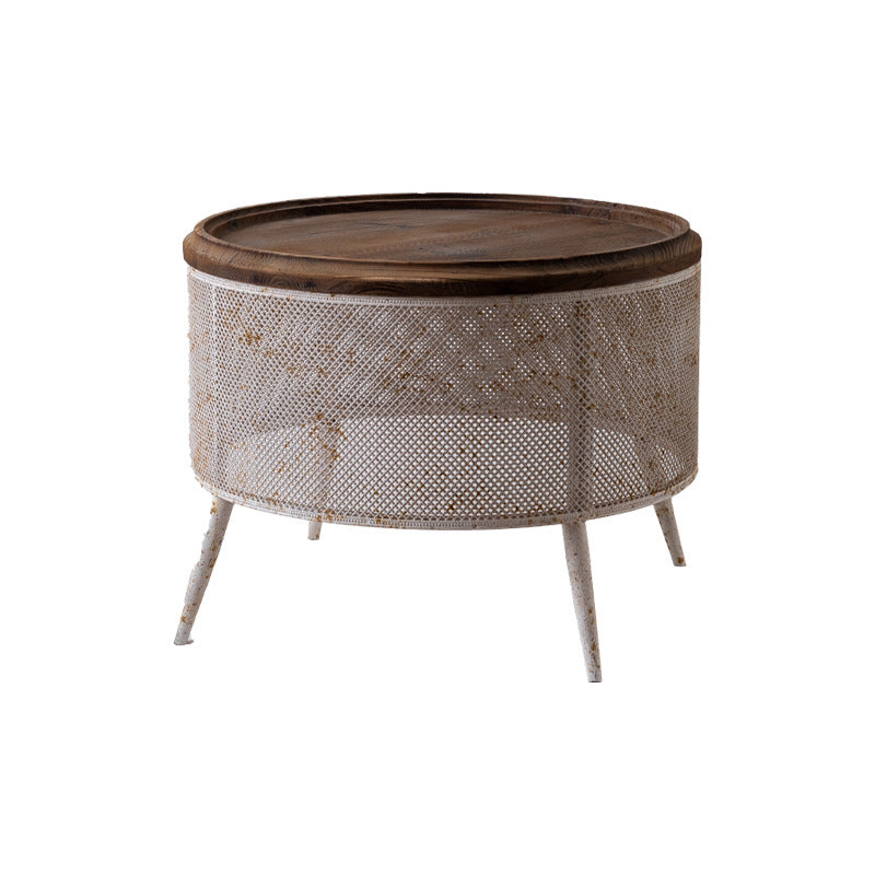 Traditional Vintage Round Solid Wood Iron Openwork End Table 4-Leg Non-Slip Pads For Living Room