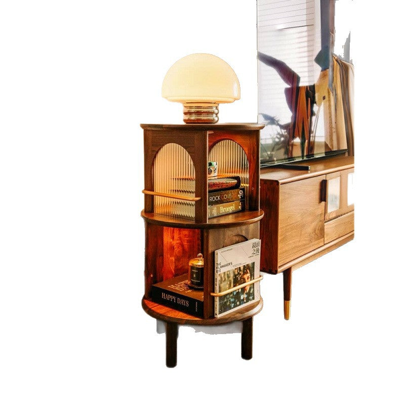 Traditional Vintage Solid Wood Glass Aluminum Alloy End Table 4-Leg 2-Shelf Rotatable For Living Room