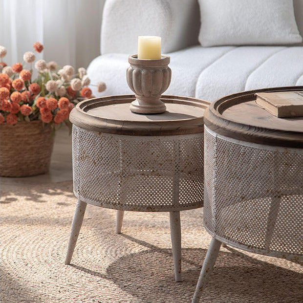 Traditional Vintage Round Solid Wood Iron End Table 4-Leg For Living Room