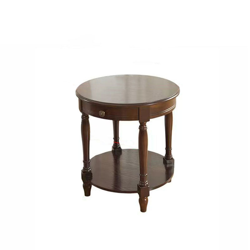 Traditional Chinese Round Solid Wood Solid Wood Multi-layer Board Side Table With 2-Tier Design And Single Drawer For Living Room & Bedroom