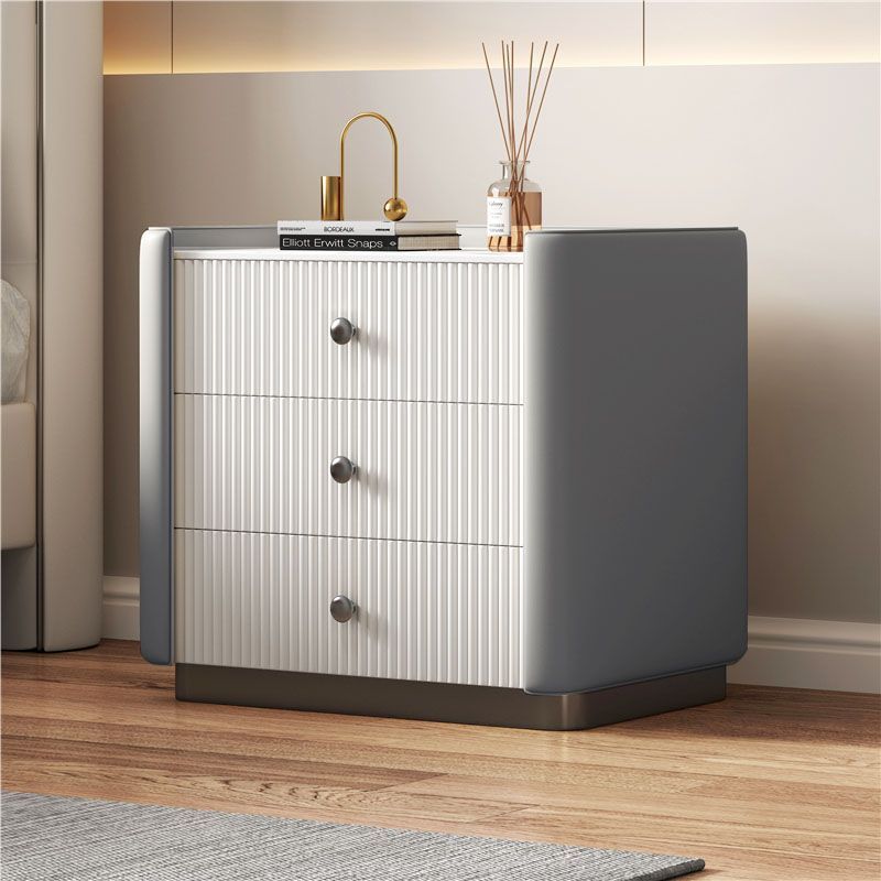 Contemporary Nordic Square Rectangular Stone Slab Faux Nappa Leather Particle Board Pine Wood Nightstand 3-Drawer For Bedroom
