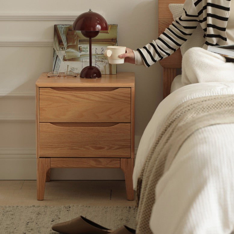 Modern Minimalist Square Rectangular Oak Wood Paulownia Wood Nightstand 2-Drawer For Bedroom