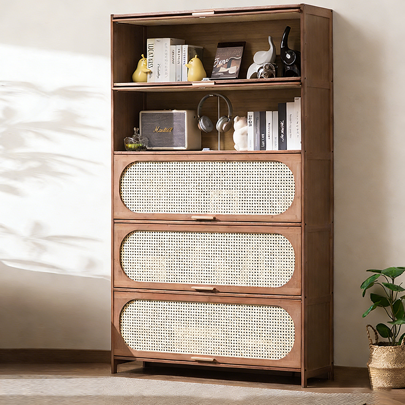 Contemporary Retro Rectangular Nan Bamboo Plastic Rattan Weaving Storage Cabinet 3/4/5-Tier For Living Room
