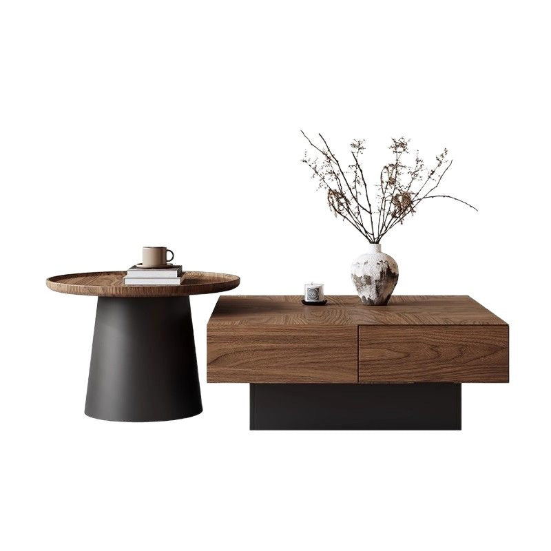 Contemporary Retro Square Round Rubberwood Pine Wood Stainless Steel Coffee Table 4-Drawer For Living Room