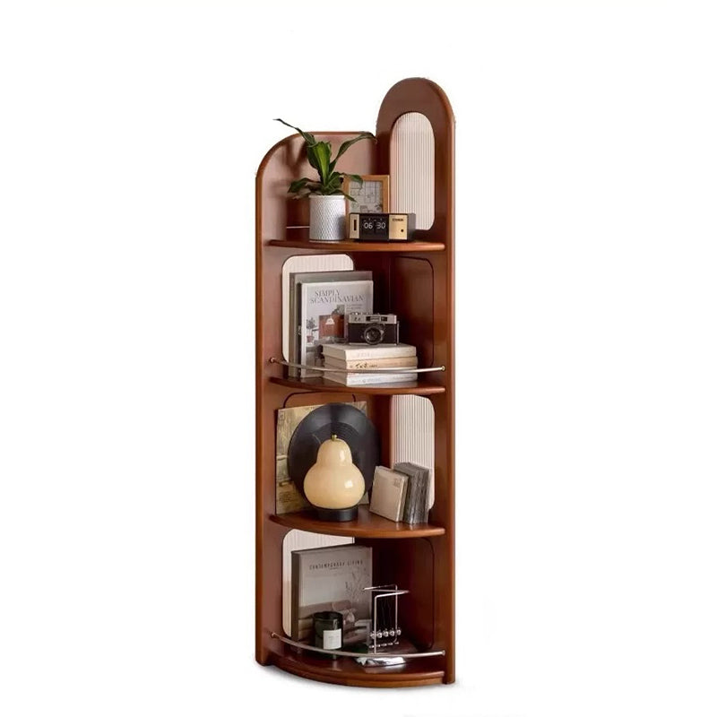 Contemporary Retro Fan-shaped Boxwood Pine Wood Glass Stainless Steel Corner Shelf Unit 4-Tier For Living Room