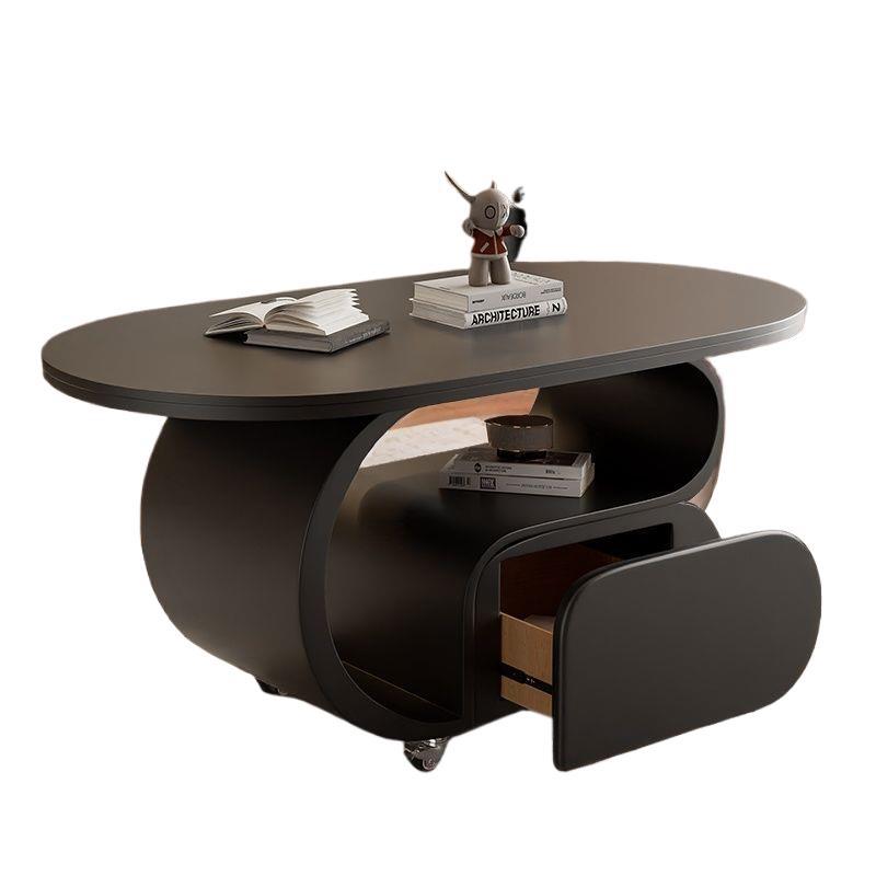 Contemporary Nordic Movable Oval Stone Slab Carbon Steel Hardware Coffee Table 1-Drawer For Living Room