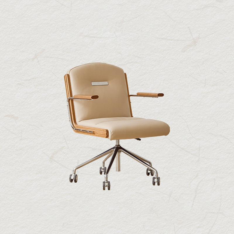 Contemporary Scandinavian Cherry Wood Stainless Steel Protein Leather Square-Arc Desk Chair With Armrest Backrest For Home Office
