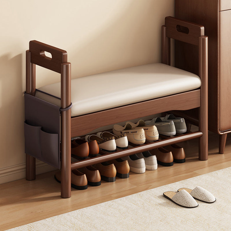 Traditional Vintage PU Leather Rubberwood Rectangular Shoe Bench 1-Tier For Living Room