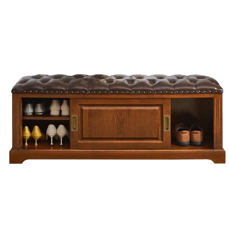 Traditional Chinese Solid Wood Second-Layer Cowhide Rectangular Shoe Bench 2-Storage For Living Room