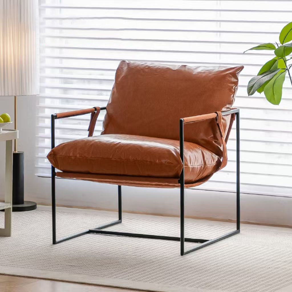 Contemporary Luxury Saddle Leather Velvet Metal Accent Chair Backrest Armrest For Living Room