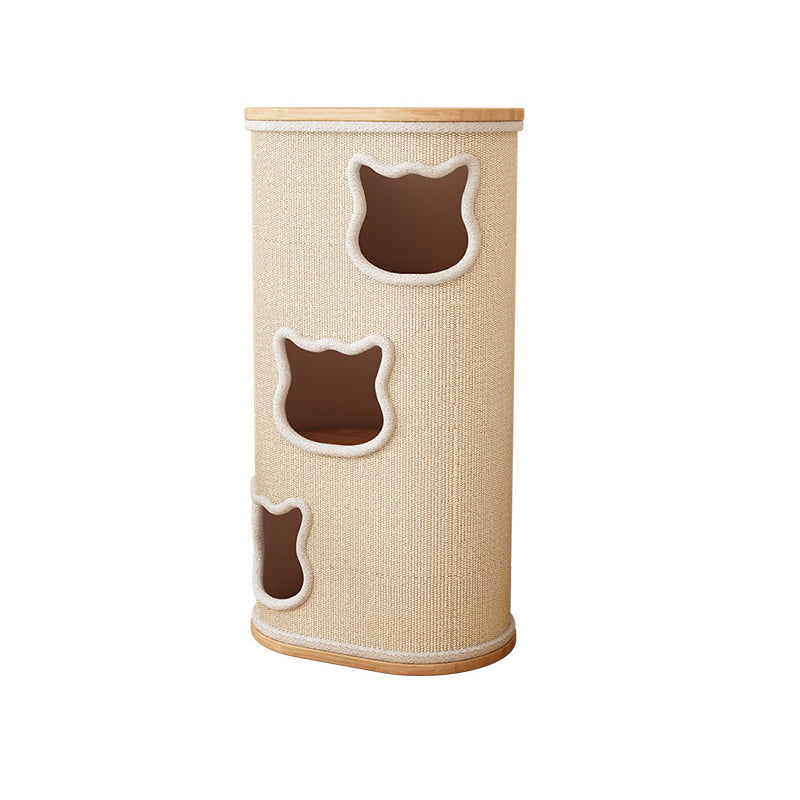 Modern Minimalist Elliptical Cylinder Solid Wood Multi-Layer Board Rubberwood Sisal Integrated Cat Bed & Cat Tower 2/3-Hole For Living Room