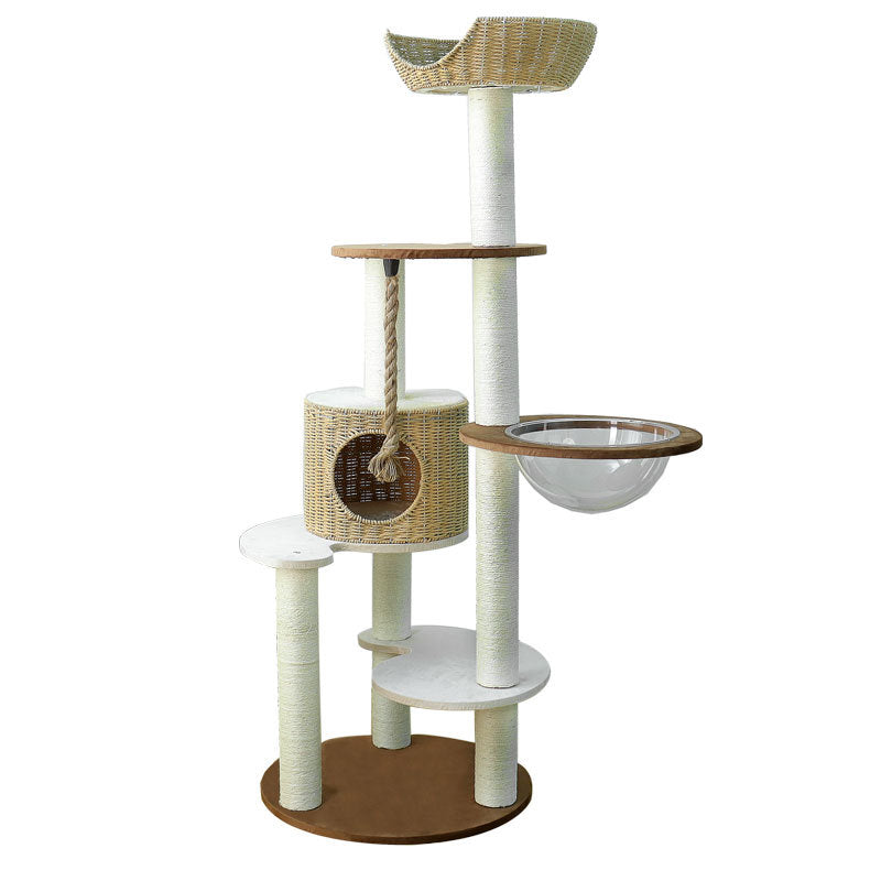 Contemporary Boho Tree Particleboard Plush Fabric Hemp Rope Paper Tube Acrylic Rattan Weaving Cat Tower 6-Tier For Living Room