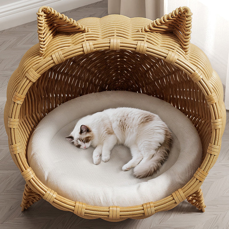 Contemporary Boho Cartoon Cat Head Iron Drop-Molded & Faux Linen Fabric PE Rattan Weaving Cat Bed 1- Tier For Living Room