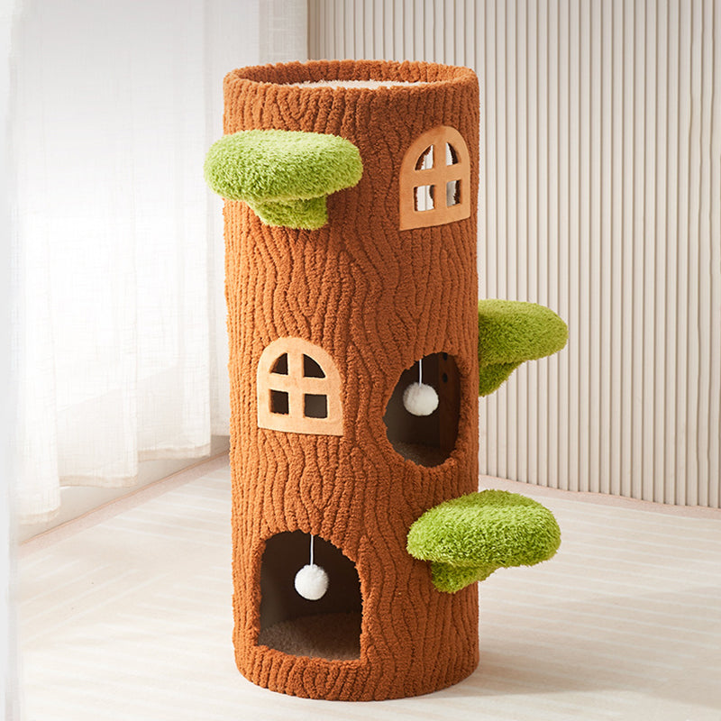 Traditional Rustic Tree Pine Wood MDF Sisal Crystal Flannelette Floor-Standing Cat Tower 1/2/3-Hole For Living Room