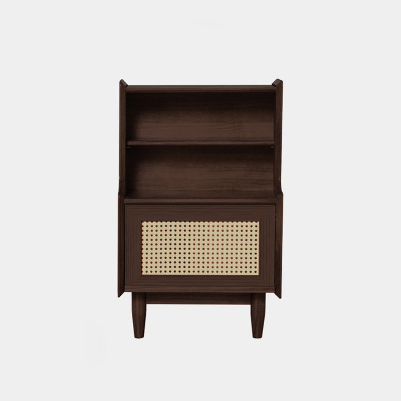 Traditional Rustic Solid Wood Multi-Layer Board Rattan Weaving Rectangular Nightstand With 2-Cabinet For Bedroom