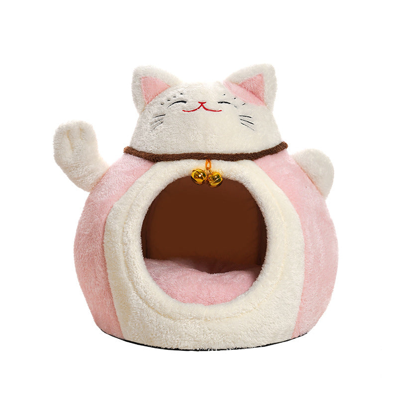 Modern Art Deco Cartoon Fortune Cat-Shaped Arctic Velvet PP Cotton Sponge 1-Tier Cozy Cat Bed For Living Room & Bedroom