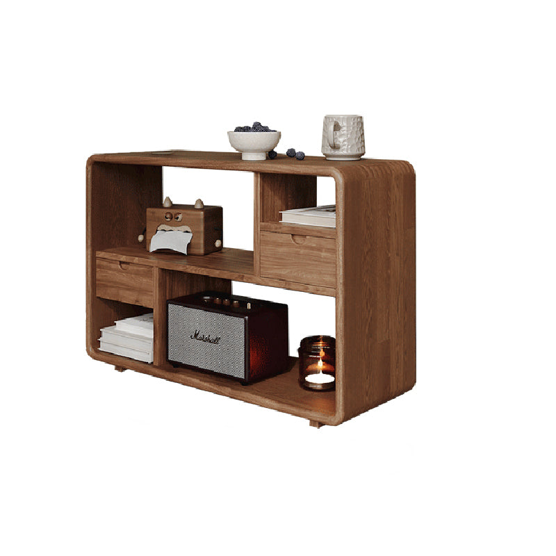 Traditional Vintage Hollowed-Out Rectangular Rubberwood Pine Wood Open Storage Cabinet 2-Drawer For Living Room