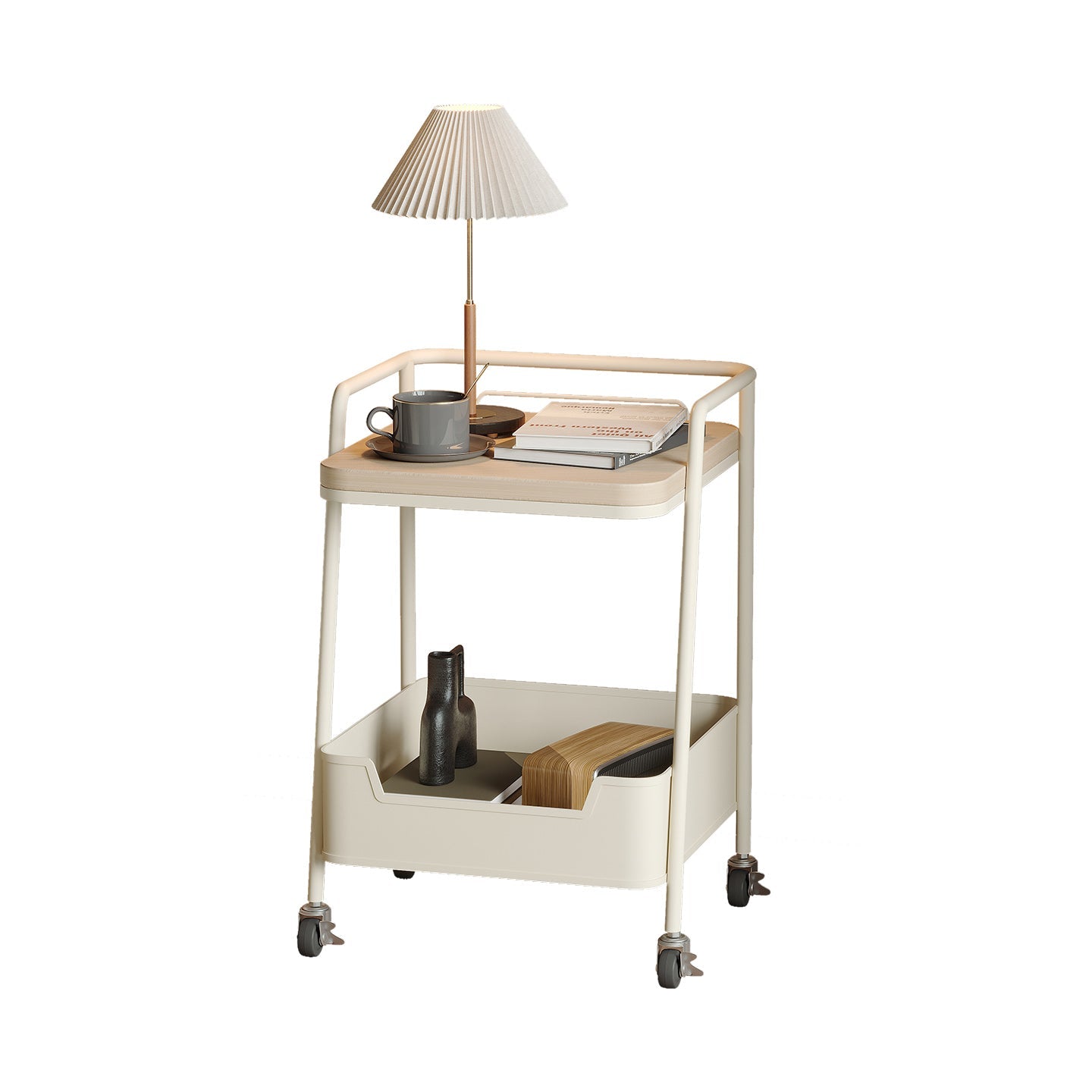 Modern Minimalist Trapezoidal Iron Rock Slab Wooden Board Movable End Table 2-Tier For Living Room