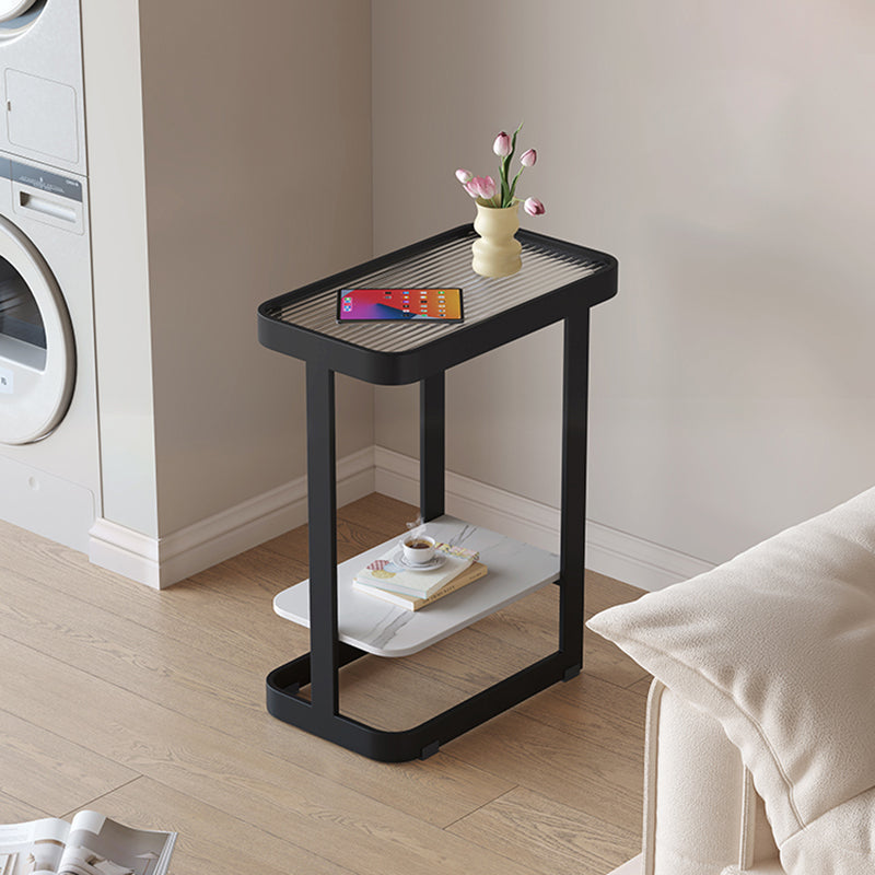 Contemporary Industrial Rectangular Carbon Steel Glass Rock Slab End Table 2 Tier For Living Room