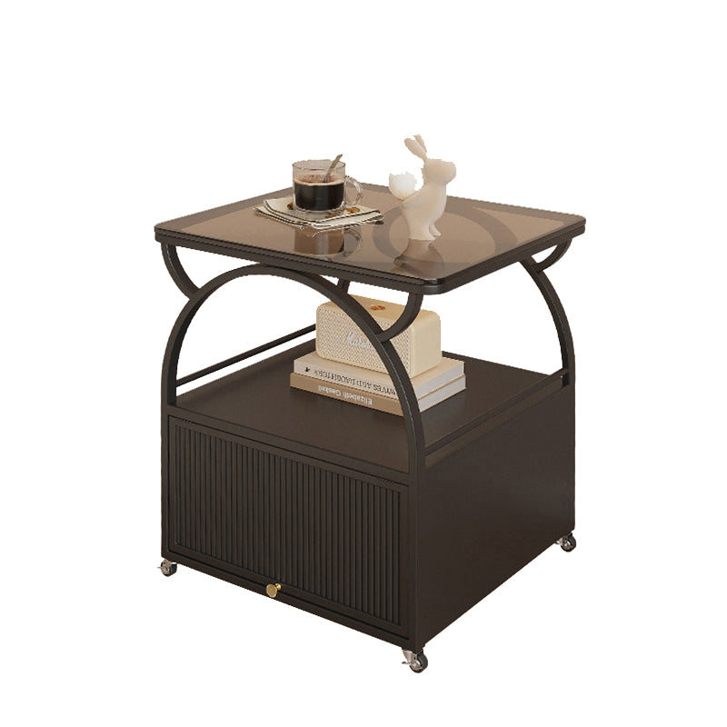 Modern Minimalist Rectangular Carbon Steel Tempered Glass Rock Slab Movable End Table 1-Cabinet For Living Room & Bedroom