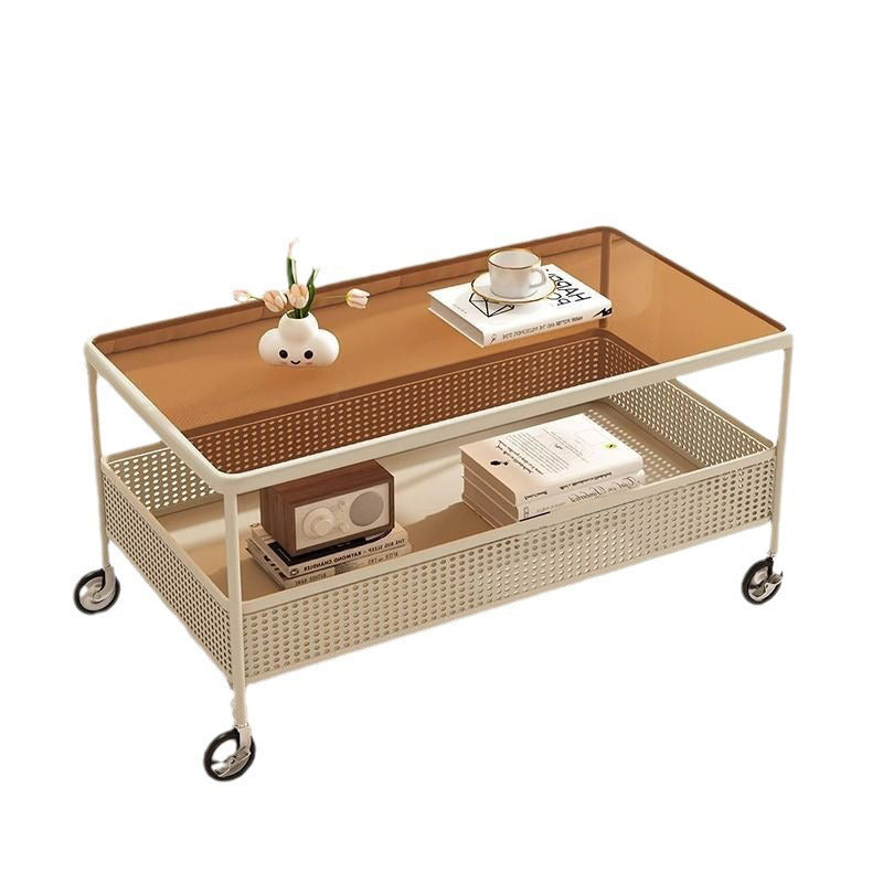 Modern Minimalist Tempered Glass Metal Rectangular Mobile End Table 2-Tier For Living Room