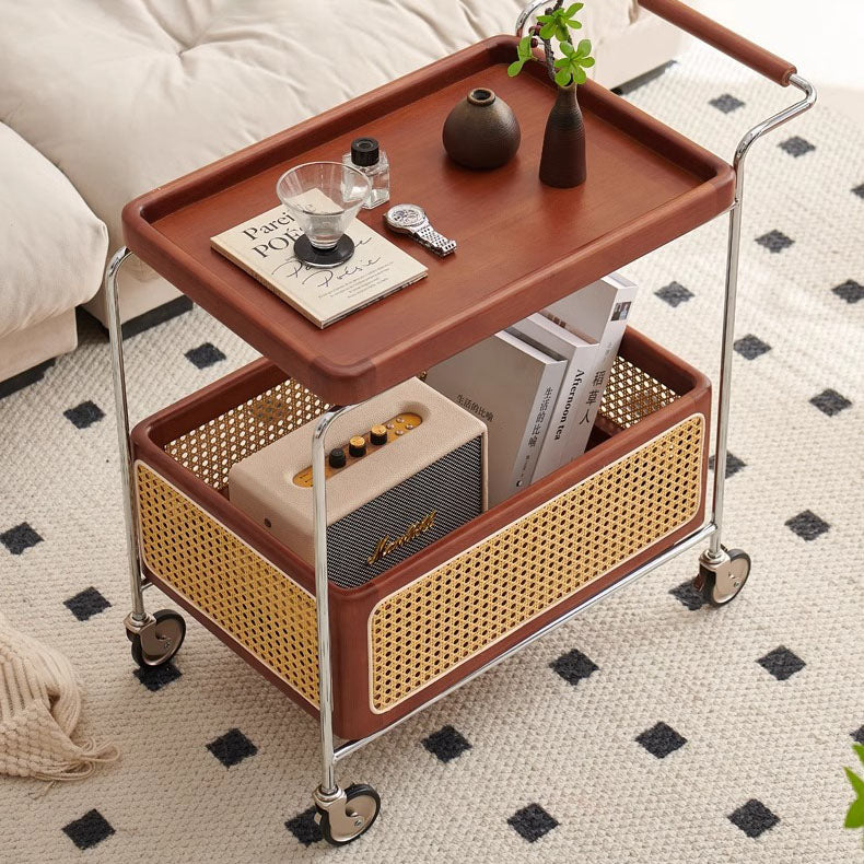 Traditional Japanese Solid Wood Metal Curved Mobile Rectangular Side Table 2-Tier For Living Room