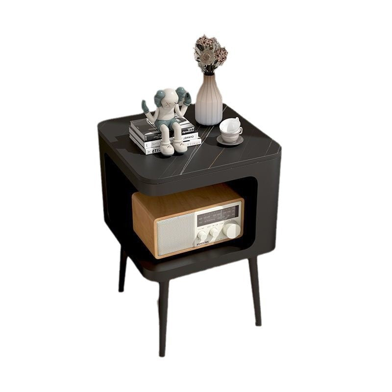 Contemporary Scandinavian Marble Metal Rounded Square Cylinder End Table With 2 Tiers For Living Room