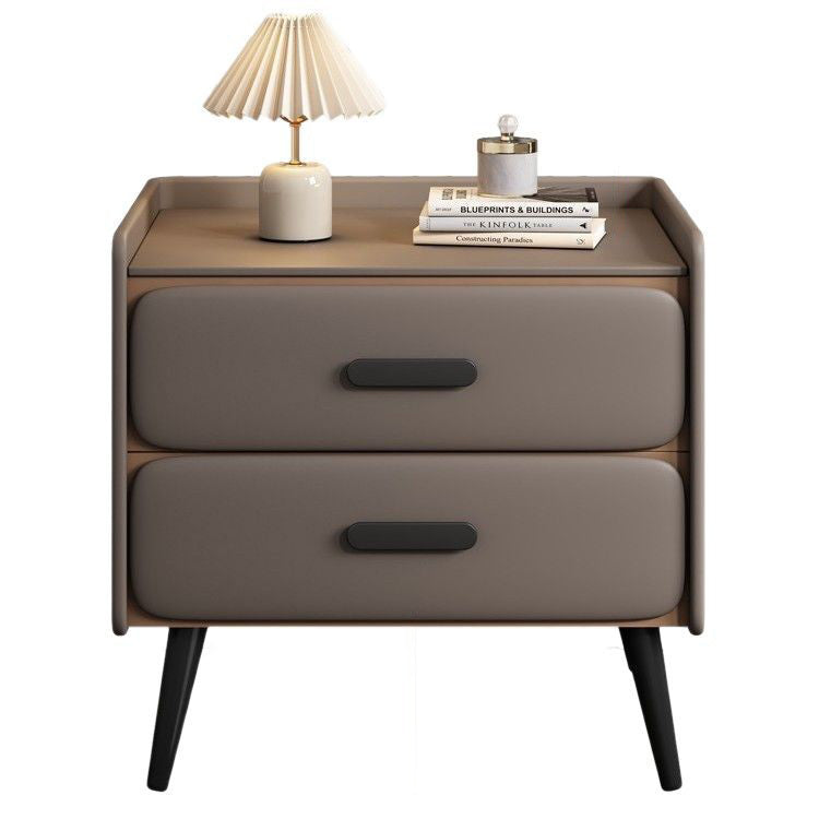 Contemporary Scandinavian Stone Slab Faux Nappa Leather Metal Pine Rounded Rectangle Nightstand With 2 Drawers For Bedroom