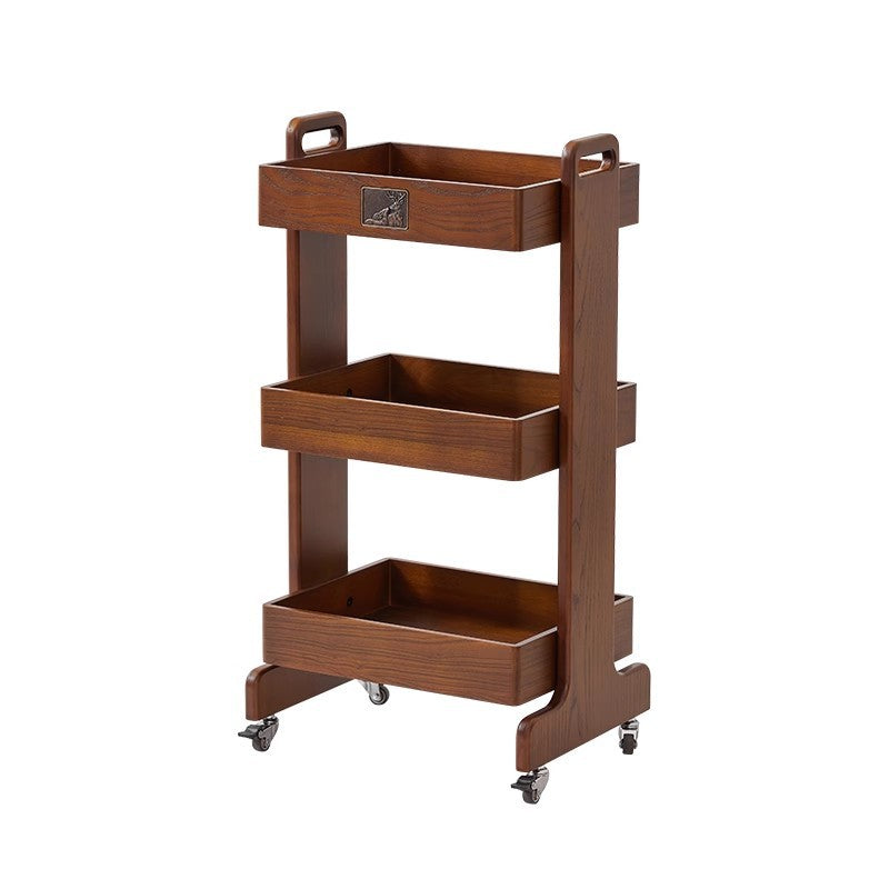 Traditional Vintage Solid Wood Mobile Square Side Table 3-Tier For Living Room