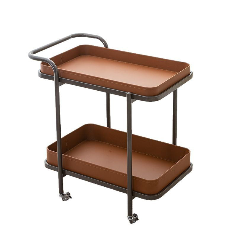 Traditional Vintage Saddle Leather Carbon Steel Metal Rounded Square Side Table With 2-Tier For Living Room