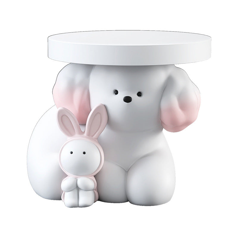 Modern Art Deco Resin Dog & Rabbit-Shaped Round End Table With 1-Tier For Living Room
