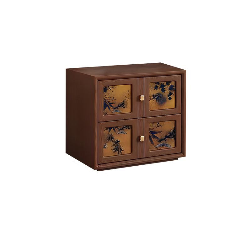 Traditional Chinese Solid Wood Hardware Square Patterned Nightstand With 2 Drawers For Bedroom