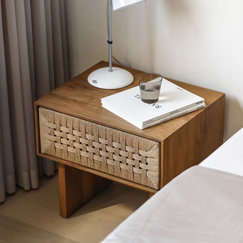 Traditional Vintage Ash Wood Kraft Leather Paper Rope Rectangular Nightstand With 1 Drawer For Bedroom