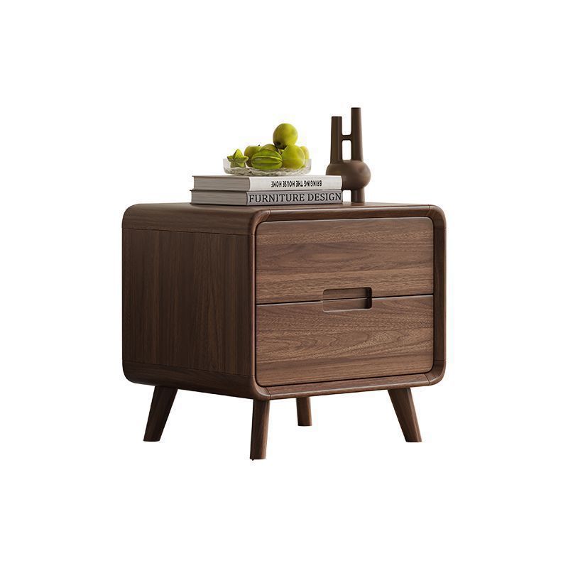 Traditional Chinese Black Walnut Solid Wood Rounded Rectangular Nightstand 2-Drawer For Bedroom