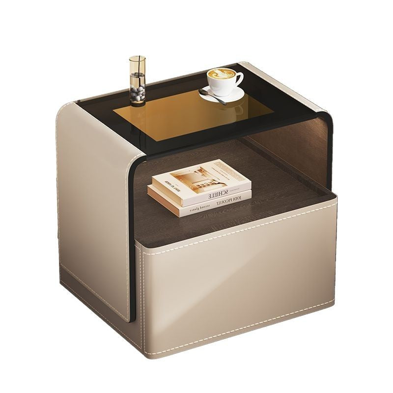 Contemporary Creative Solid Wood Multilayer Board Saddle Leather Tempered Glass Rounded Square Nightstand 1 Drawer For Bedroom