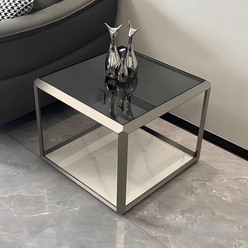 Contemporary Scandinavian Sintered Stone Glass Stainless Steel Square Coffee Table 2-Tier For Living Room
