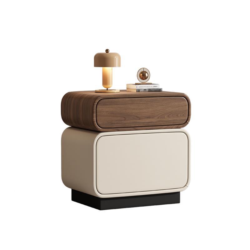 Traditional Chinese Solid Wood Microfiber Leather Rounded Square Nightstand 2 Drawers For Bedroom