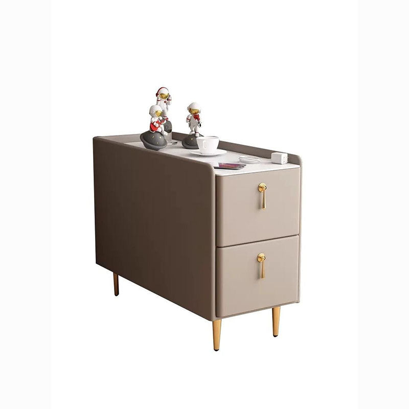 Modern Luxury MDF Solid Wood Stone Slab Faux Leather Rounded Rectangular Side Table 2-Drawer For Living Room