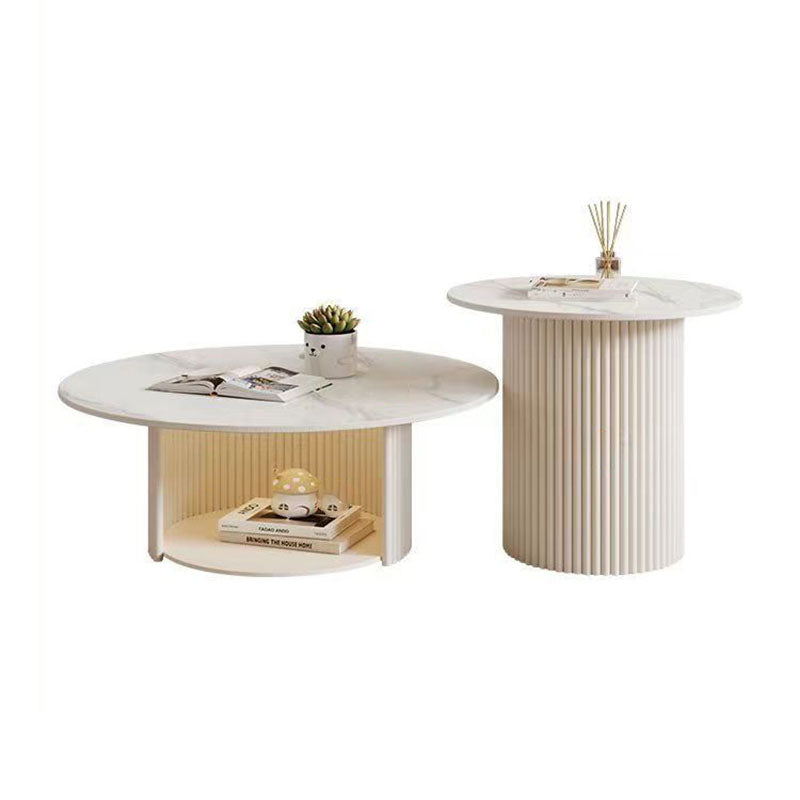 Modern Minimalist Eco Board Stainless Steel Textured Round Column Coffee Table With 2 Tier For Living Room
