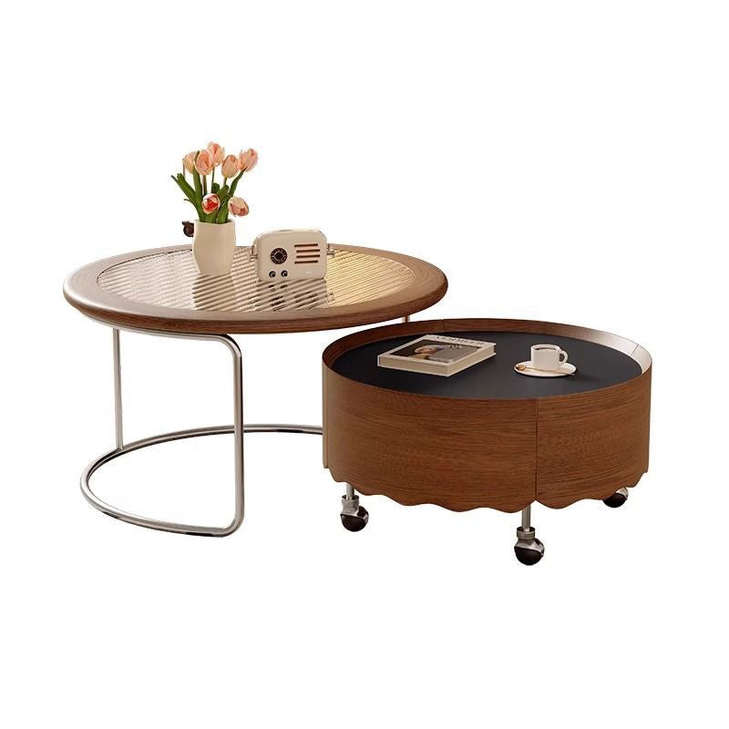 Traditional French Sintered Stone Glass Solid Wood Plywood Stainless Steel Round Curved Coffee Table With 1-Tier For Living Room