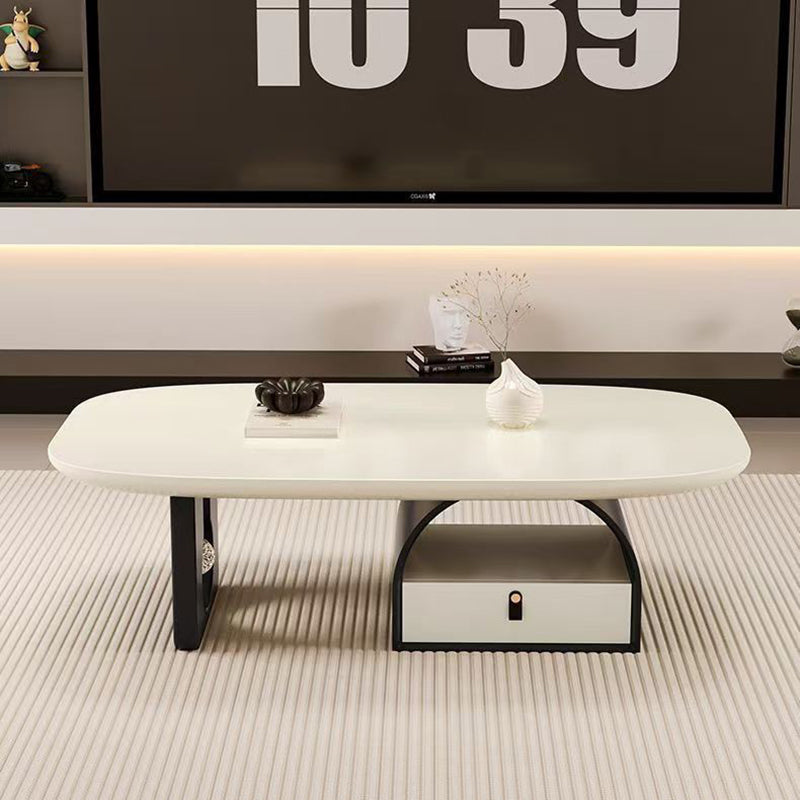 Traditional French Solid Wood Multi-Layer Board Rounded Rectangular Curved Coffee Table With 1-Drawer For Living Room